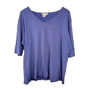 WinterSilks T-Shirt Women XXL/T Blue Silk Cotton Blend V-Neck 3/4 Sleeve Top